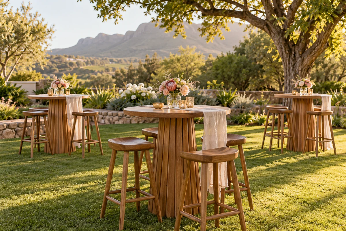 Wooden cocktail tables and stools with blush florals in a garden event setting