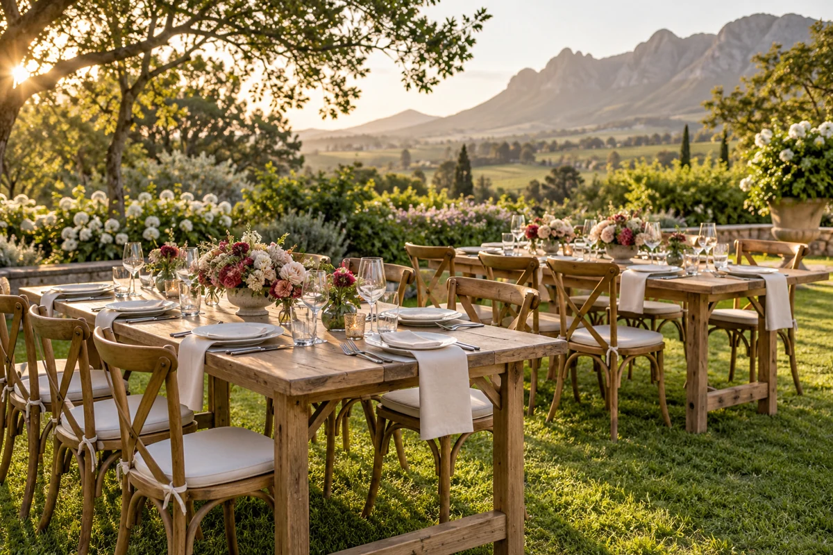 Garden event setup with wooden hire tables, ivory linen and flowers