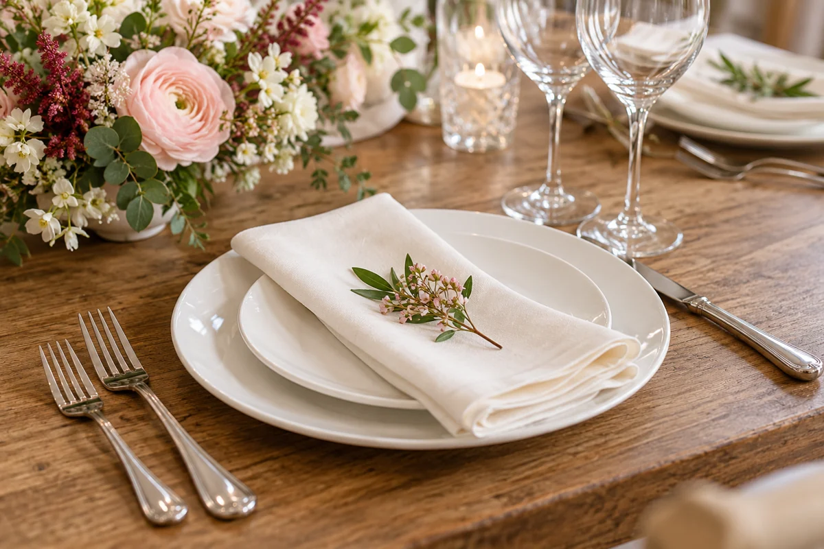 White tableware, silver cutlery and long-stem glasses on a wooden table
